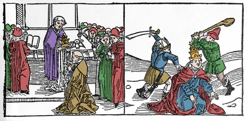 Das Martyrium des heiligen Fabian (3. Jahrhundert), Papst, gefoltert und dann enthauptet unter der Herrschaft von Kaiser Decius. Gravur aus „Leben der Heiligen - Sommerteil“ von Jacobus von Voragine. Lübeck 1488