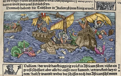 Das Schiffswrack. Gravur aus „Den Edlen Strenghen Besten Fromen“ von Johann Stumpff, Anfang des 16. Jahrhunderts