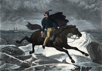 Die Geschichte von Sandor auf seinem Pferd Tartar, das auf dem Eisfluss der Donau galoppiert. In „Wenn Jemand eine Reise tut, so kann er was erzählen“, deutsche Geschichte von Franz Wiedemann