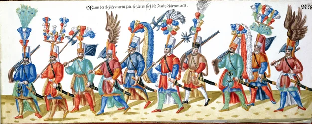 Türkische Janitscharen, aus einer Sammlung von Illustrationen zum Hof des osmanischen Sultans, ca. 1600