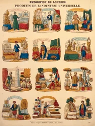 Zwölf Ausstellungstände verschiedener Nationen auf der Großen Ausstellung in London, veröffentlicht von Dambour & Gangel, Metz, 1851