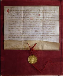 Verpflichtung des Kaisers Friedrich II. (1194-1250), König Ludwig IX. (1214-70) für den Siebten Kreuzzug 1246 mit Pferden, Waffen und Proviant zu versorgen