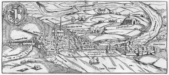 Ansicht von Genf, aus Cosmographie Universelle von Sebastien Munster (1488-1552) Basel, veröffentlicht 1559