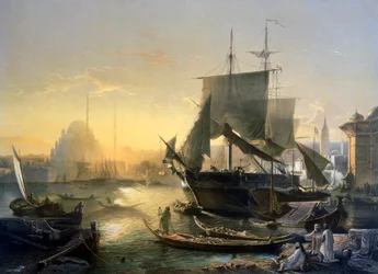 Ansicht von Schiffen auf dem Bosporus bei Sonnenuntergang