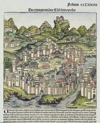 Ansicht der ummauerten Stadt Konstantinopel, aus der Nürnberger Chronik von Hartmann Schedel (1440-1514) 1493