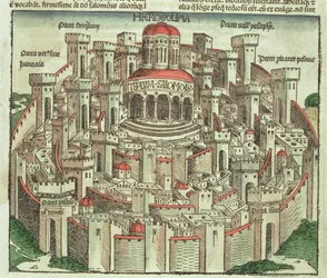 Ansicht der ummauerten Stadt Jerusalem mit dem Tempel Salomos und den Stadttoren, aus der Nürnberger Chronik von Hartmann Schedel, 1493