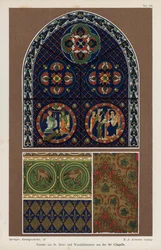 Fenster aus der Basilika von St. Denis und Wanddekoration aus der Sainte-Chapelle, Paris, Frankreich