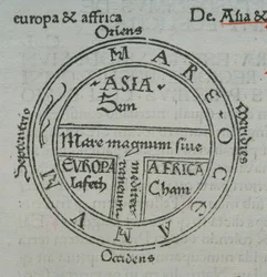 f.177v T-in-O Karte, mit Buchdruck-Ortsnamen, aus Isidor von Sevilla, Liber Etimologiarvm