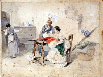 Mailänder Frauen machen die italienische Trikolore. Aquarell von Gerolamo (Girolamo) Induno (1825 - 1890). Mailand, Museo del Risorgimento