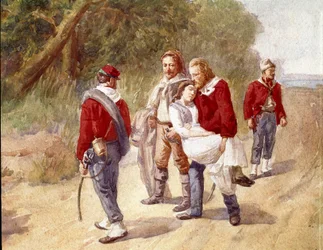 Der italienische Patriot Giuseppe Garibaldi transportiert seine an Typhus erkrankte Frau Anita 1849 nach Ravenna (Aquarell)