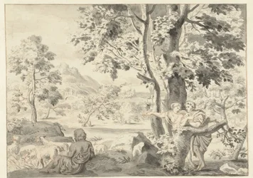 Baumreiche Landschaft mit einem Hirten, einem Mann und einer Frau