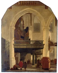 Das Westende der Oude Kerk, Delft, vom südlichen Seitenschiff nach Norden mit der Orgelempore