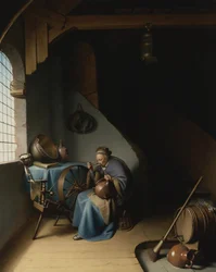 Eine ältere Frau an ihrem Spinnrad, die Brei isst von Gerard Dou