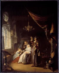 Die wassersüchtige Frau. Ein Arzt untersucht den Urin einer an Wassersucht leidenden Frau. Gemälde (1613-1675), niederländische Schule