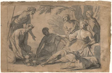 Diana und vier Nymphen erhalten Geschenke von einem Satyr