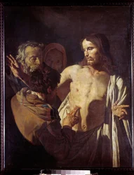 Der Unglaube des Heiligen Thomas. Er berührt die Wunden Christi, um an seine Erscheinung zu glauben. Gemälde von Gerrit Van Honthorst (1590-1656)