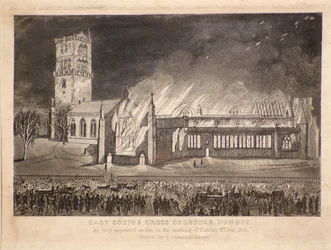 Ost-, Süd- und Kreuzkirchen, Dundee, wie sie am Sonntag, dem 3. Januar 1841, in Flammen standen, ca. 1841