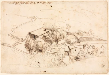 Bauernhof mit Bäumen in hügeliger Landschaft (Vorderseite)
