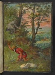 Zwei Männer graben in einem Waldgebiet nach Pflanzen, aus 