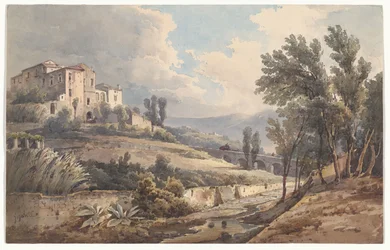 Landschaft mit einer Villa auf einem Hügel und einer Brücke in der Umgebung von Cava