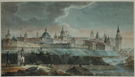 Blick auf den Neglinnaya-Fluss und Kitay-gorod vom Petrovsky-Platz, 1790er Jahre