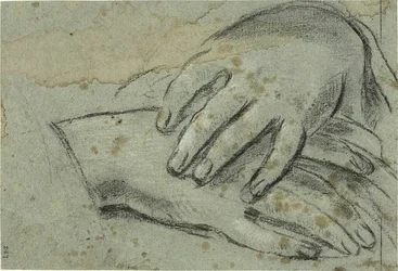 Gekreuzte Hände (Vorderseite); Rechter Fuß, teilweise von Draperie bedeckt (Rückseite)