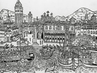 Ansicht von Venedig im 15. Jahrhundert, Italien, Holzschnitt, aus Supplementum chronicarum von Giacomo Filippo Foresti (1434-1520)