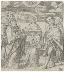 Fünf Schutzheilige von Bologna mit Darstellung von Maria