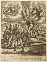 Allegorie der Heiligen Liga von 1571, vereinbart von Papst Pius V., Philipp von Spanien und Dogen von Venedig Alvise Mocenigo, Stich von Giacomo Franco