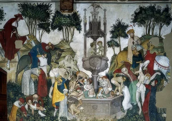 Der Jungbrunnen. (Detail) Ankommende und im Brunnen Badende. 1418-30