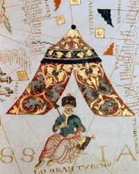 Detail einer Karte von Giacomo de Maggiolo, die Sultan Suleiman I. darstellt