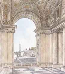 Ansicht der Piazza San Pietro, Rom, Blick nach Süden vom Portikus der Basilika, vor 1779