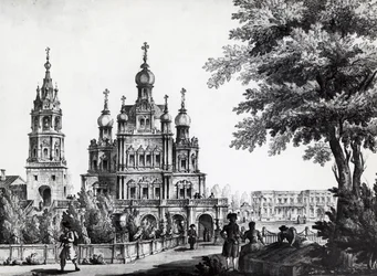 Kirche der Himmelfahrt und Gagarin-Palast in Moskau, Zeichnung von Giacomo Quarenghi Domenico (1744-1817), Druck, Russland
