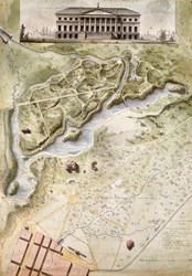 Peterhof, Russland: Ansicht des Englischen Palastes und Plan des Parks