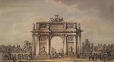 Ansicht der Narva-Tore in St. Petersburg mit Tribünen für Zuschauer