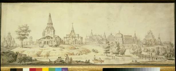 Ansicht des Viertels Kolomenskoje in Moskau, links die Himmelfahrtskirche