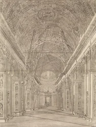 Gerüst für die Restaurierung des Gewölbes in der Petersbasilika errichtet: Übersicht, ca. 1773.