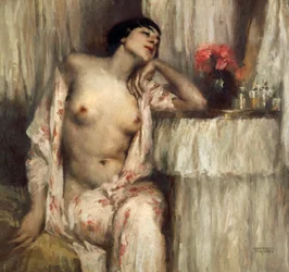 Halbfigur einer Frau bei ihrer Toilette