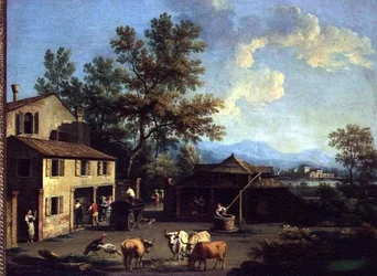 Ein Bauernhof mit Bauern und Tieren