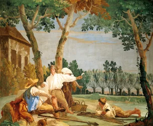 Bauern bei der Rast, Fresko, Raum der rustikalen Szenen im Gästehaus, Villa Valmarana 