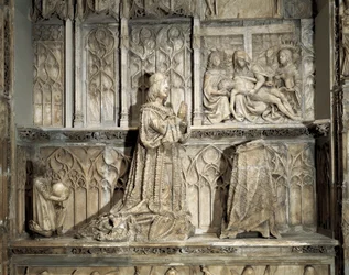 Gotische Kunst: Grabmal von Juan de Padilla (1490-1521). Hidalgo und revolutionärer Kastilier, bekannt für seine Teilnahme am Krieg der Gemeinden von Kastilien. Marmorskulptur von Gil de SILOE, um 1500. Burgos, Burgos Museum