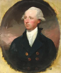 Porträt von Sir Thomas George Skipwith, Halbfigur, in einem blauen Mantel, vorgetäuschter Ovalrahmen