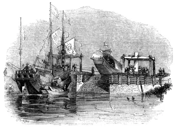 Boot über eine Schleuse oder ein Wehr auf einem Kanal gezogen, 1847