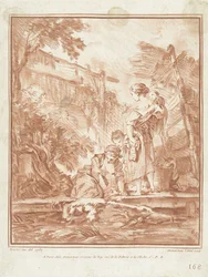 Wäscherinnen mit Kindern am Bach
