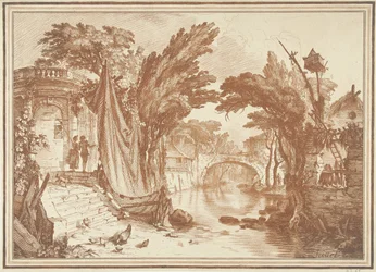 Südliche Landschaft mit Häusern am Fluss