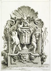 Platte mit Entwürfen, graviert von Huquier