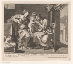 Heilige Familie und Engel, der eine Wiege richtet