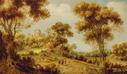 Weitläufige bewaldete Landschaft mit Christus auf dem Weg nach Emmaus