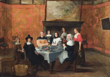 Ein Interieur mit einer Familie bei einer Mahlzeit