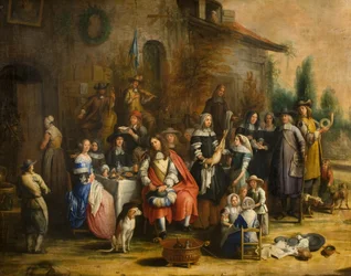 Jagdgesellschaft vor einem Gasthaus